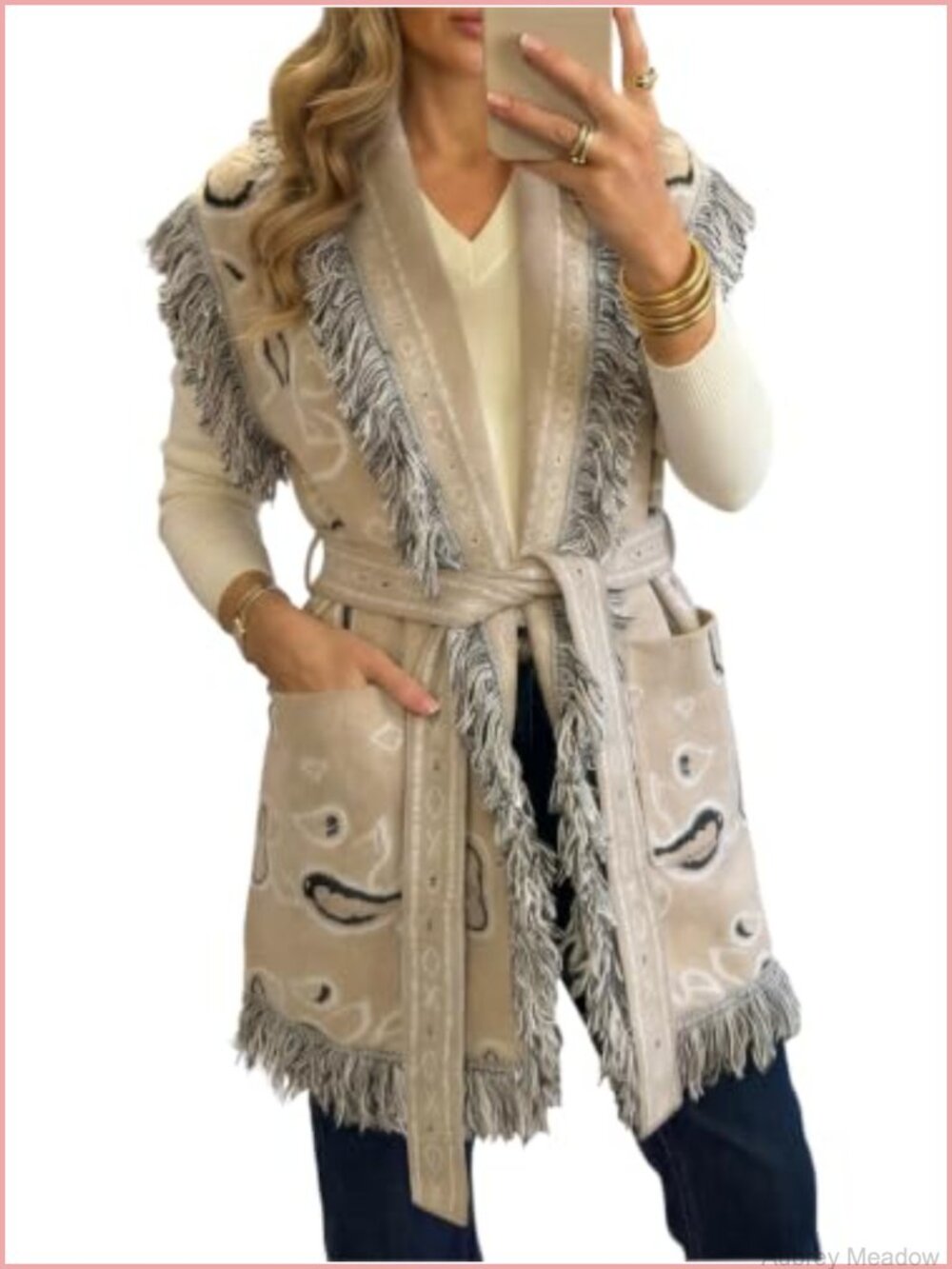 Sleeveless Long Cardigan Fringe Shawl Collar Boho Paisley Belted Knit Vest